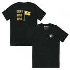 19th Hole Tee with Ain’t Done Yet golf logo on chest and Grip It Rip It Sip It flag graphic on back
