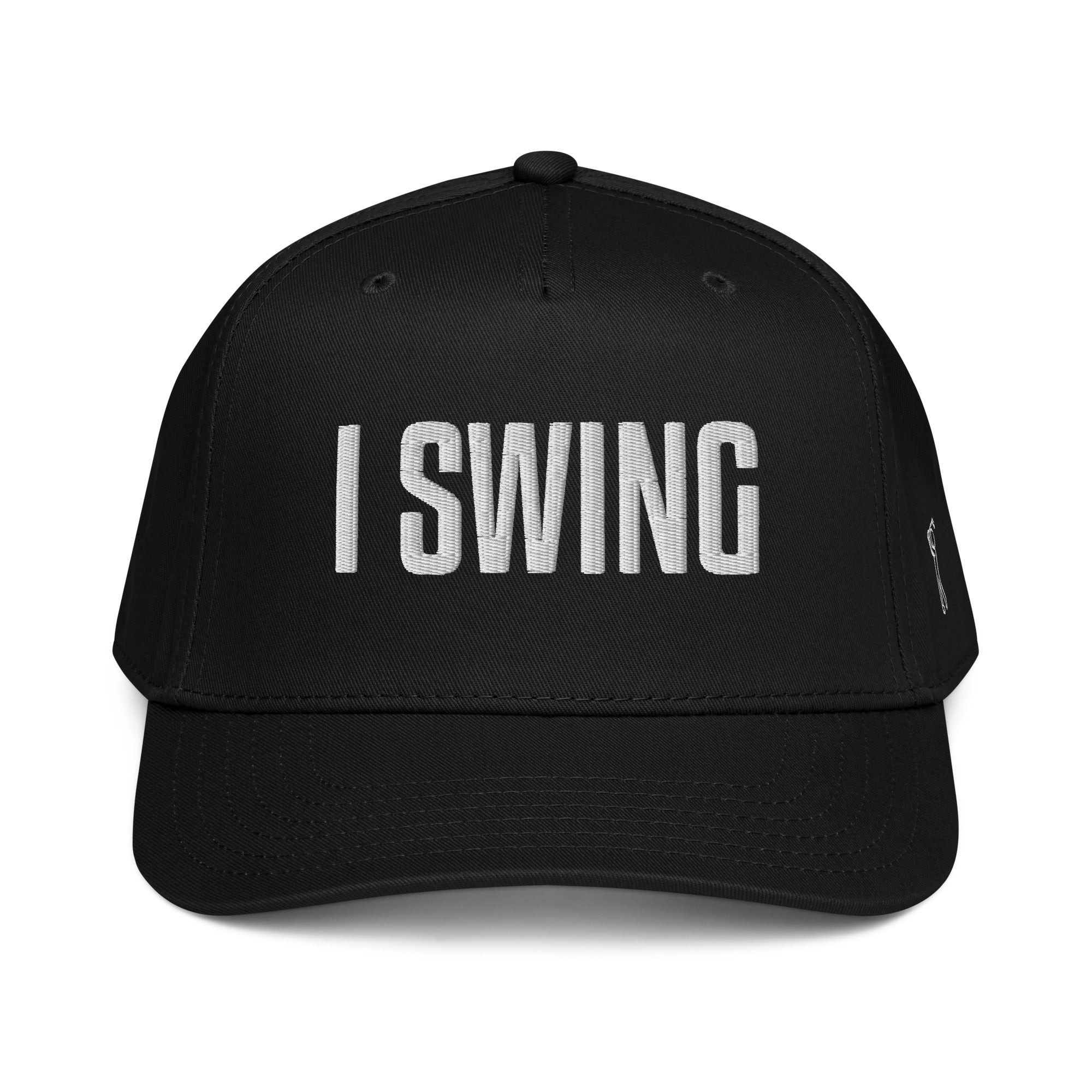 Structured five panel golf hat featuring I SWING front embroidery, ADY GLF back detail, and stickman golfer side embroidery
