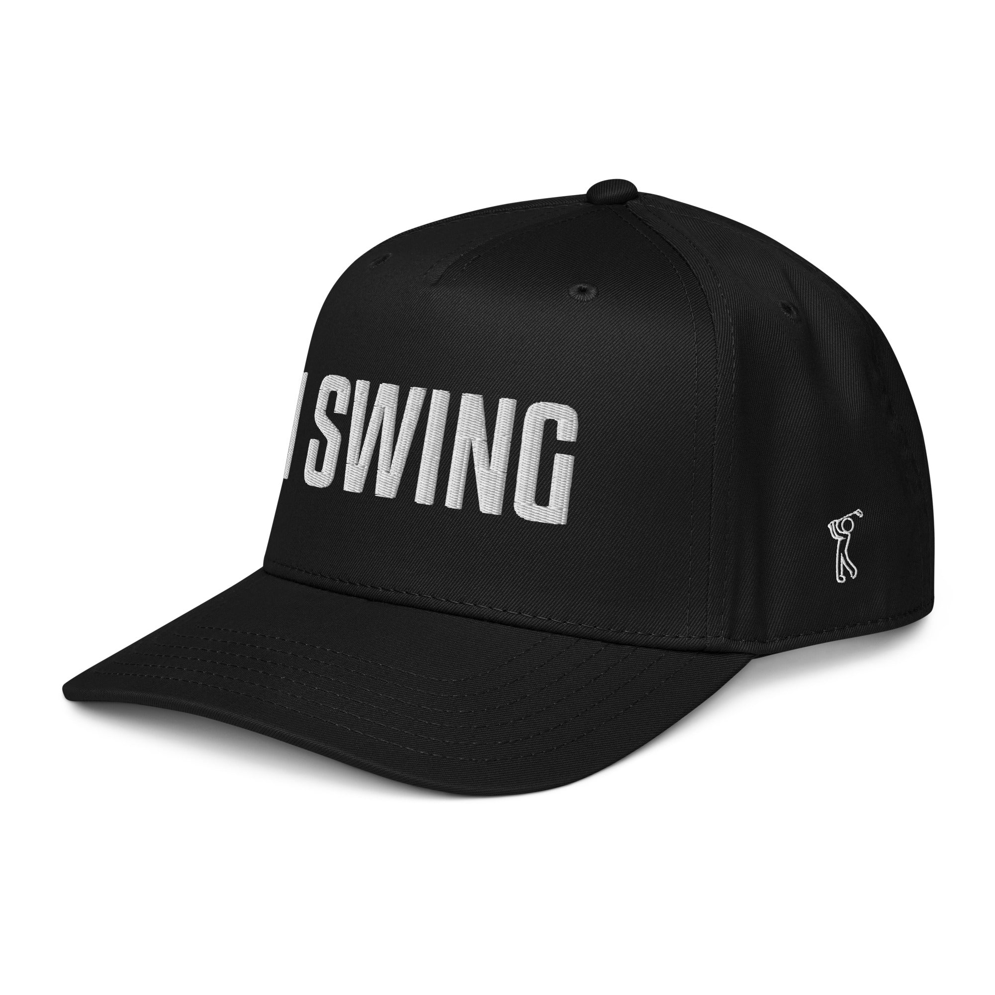 Structured five panel golf hat featuring I SWING front embroidery, ADY GLF back detail, and stickman golfer side embroidery
