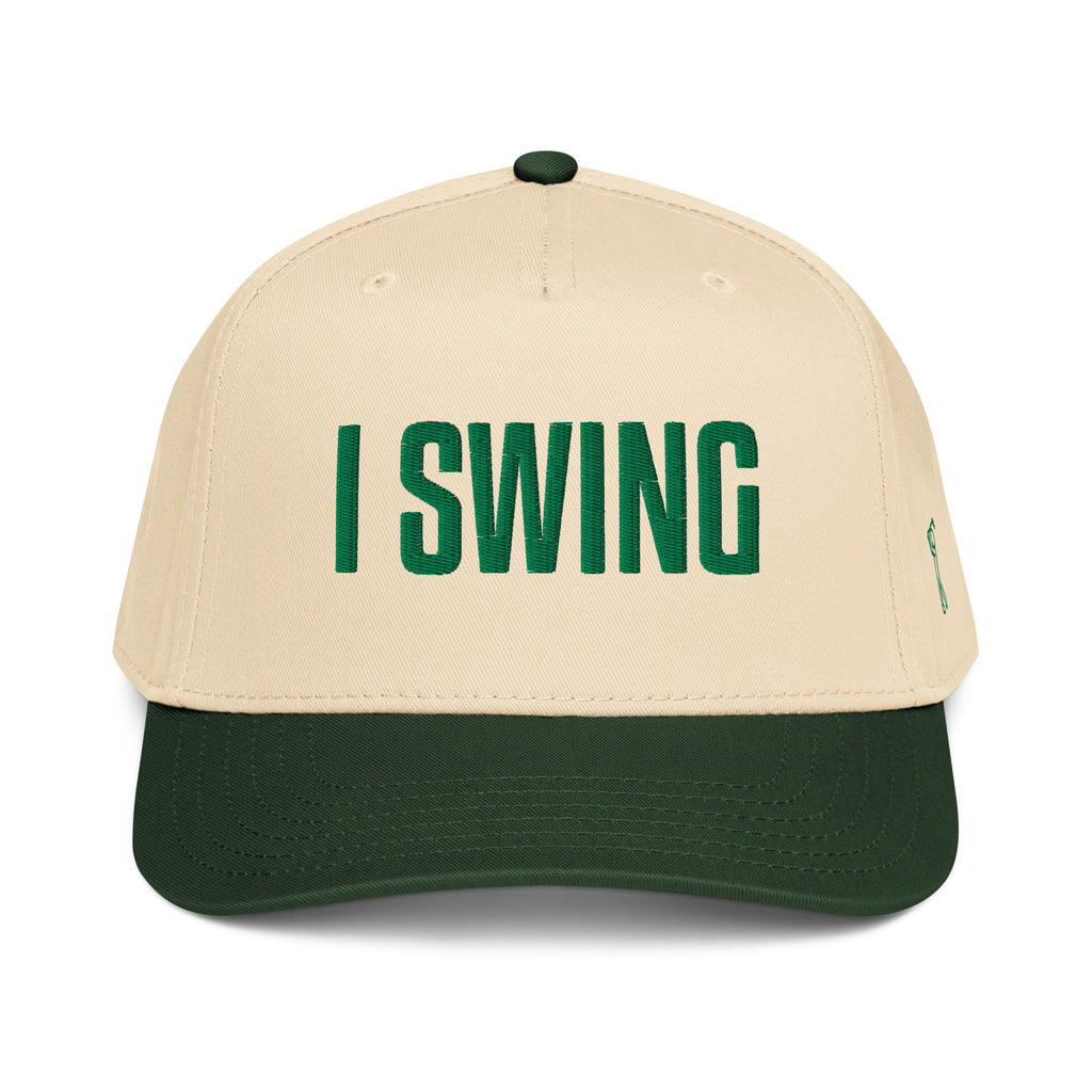 Structured five panel golf hat featuring I SWING front embroidery, ADY GLF back detail, and stickman golfer side embroidery
