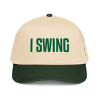 Structured five panel golf hat featuring I SWING front embroidery, ADY GLF back detail, and stickman golfer side embroidery
