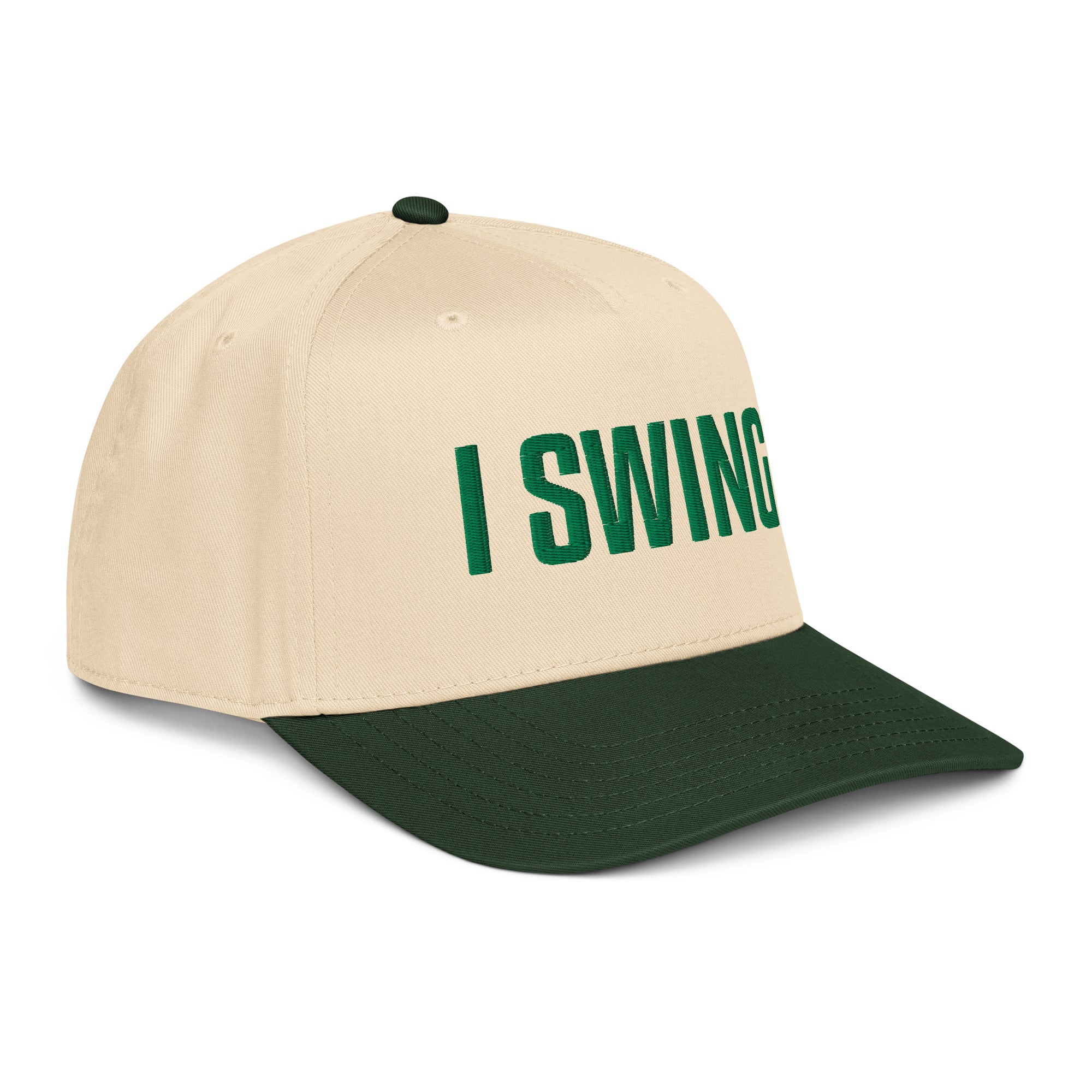 Structured five panel golf hat featuring I SWING front embroidery, ADY GLF back detail, and stickman golfer side embroidery
