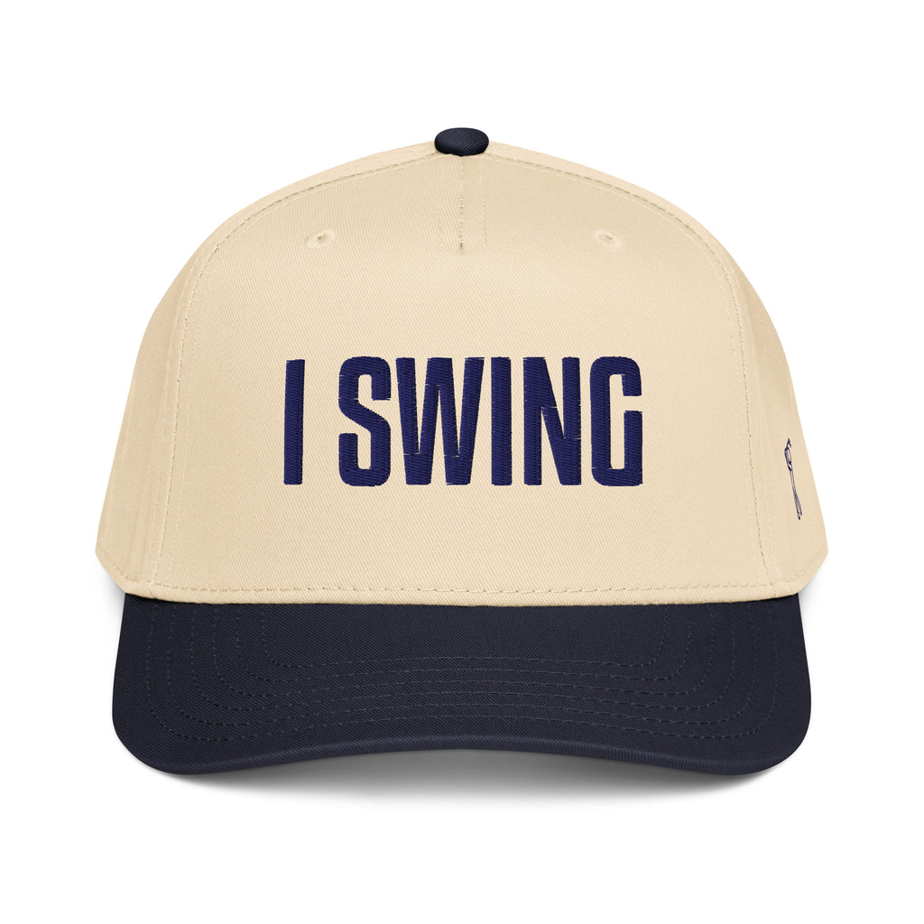 Structured five panel golf hat featuring I SWING front embroidery, ADY GLF back detail, and stickman golfer side embroidery
