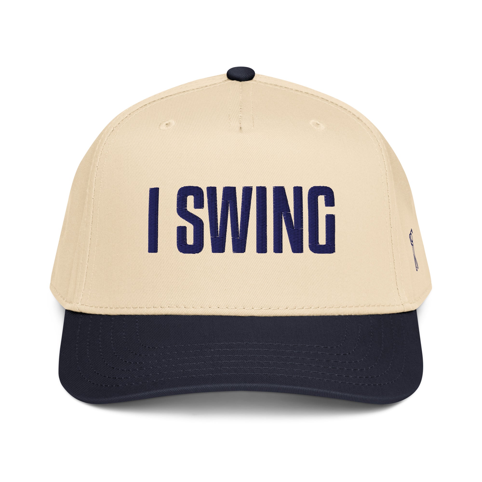 Structured five panel golf hat featuring I SWING front embroidery, ADY GLF back detail, and stickman golfer side embroidery
