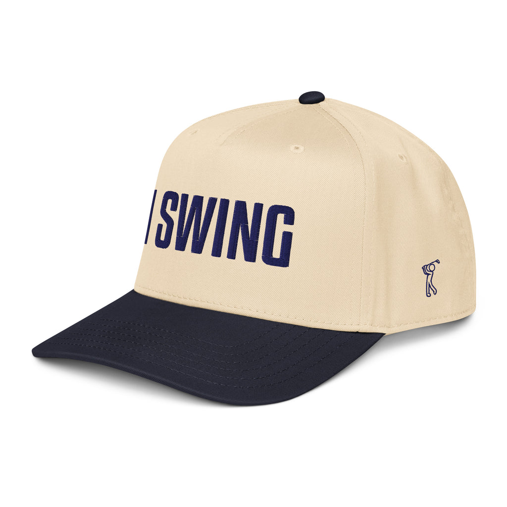 Structured five panel golf hat featuring I SWING front embroidery, ADY GLF back detail, and stickman golfer side embroidery

