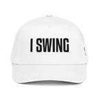 Structured five panel golf hat featuring I SWING front embroidery, ADY GLF back detail, and stickman golfer side embroidery
