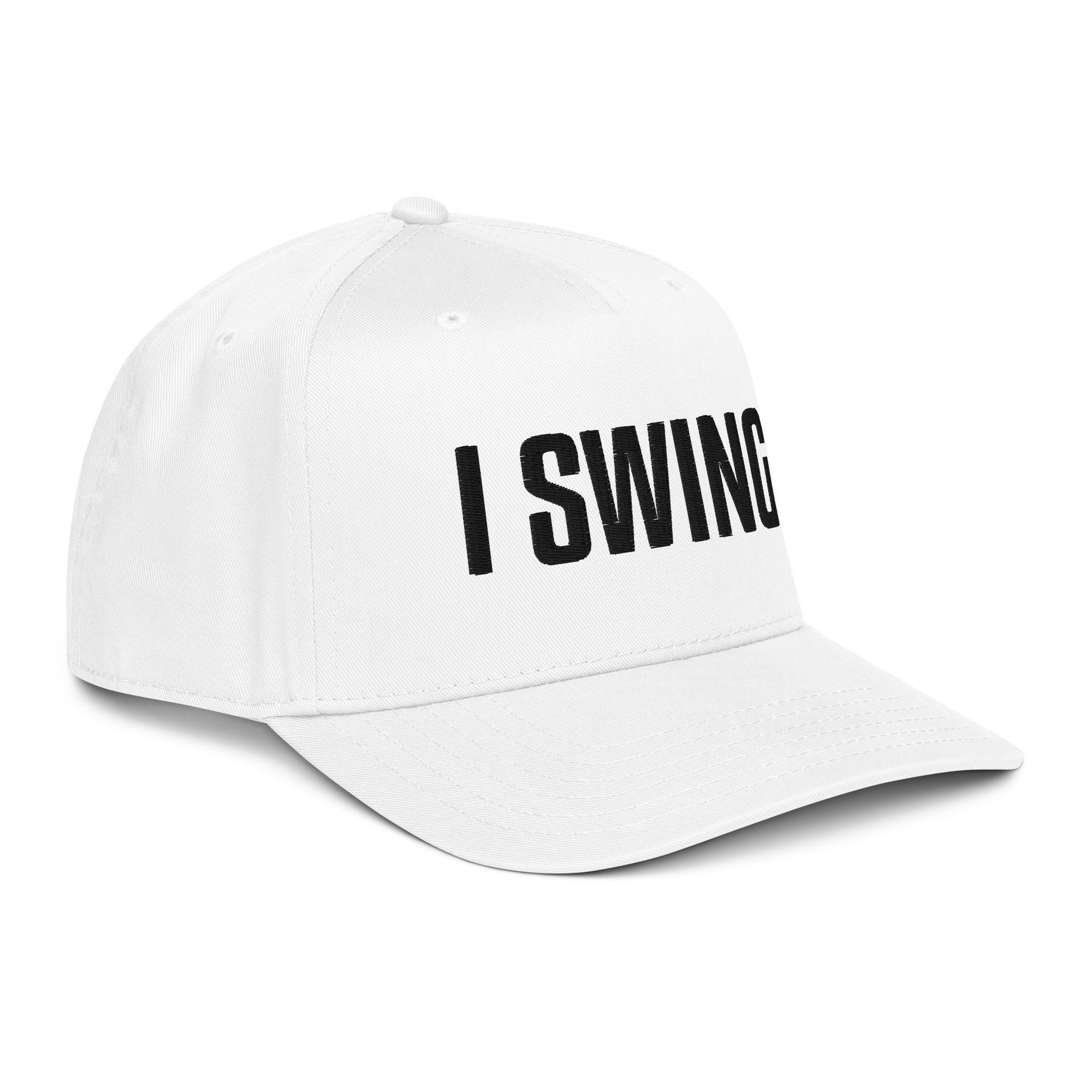 Structured five panel golf hat featuring I SWING front embroidery, ADY GLF back detail, and stickman golfer side embroidery
