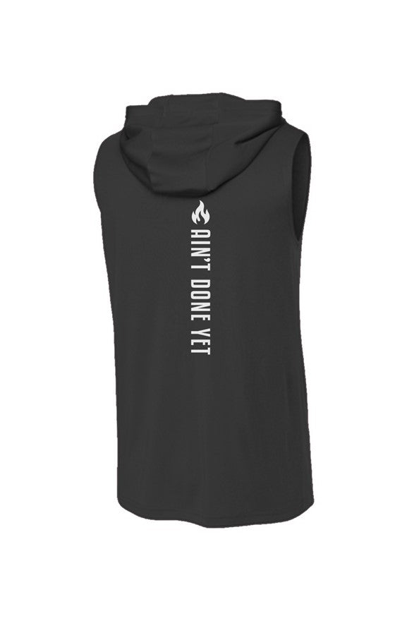 Black Backbone Sleeveless Hoodie with vertical Ain’t Done Yet spine design and fire logo on lightweight performance hoodie
