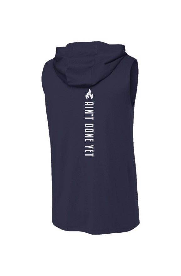 Navy Backbone Sleeveless Hoodie with vertical Ain’t Done Yet spine design and fire logo on lightweight performance hoodie