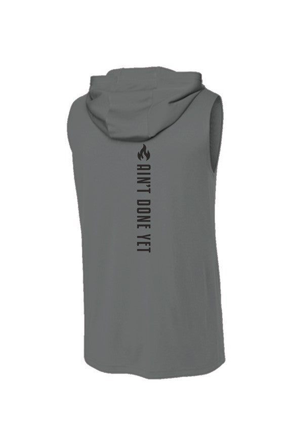 Grey Backbone Sleeveless Hoodie with vertical Ain’t Done Yet spine design and fire logo on lightweight performance hoodie