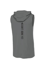 Grey Backbone Sleeveless Hoodie with vertical Ain’t Done Yet spine design and fire logo on lightweight performance hoodie