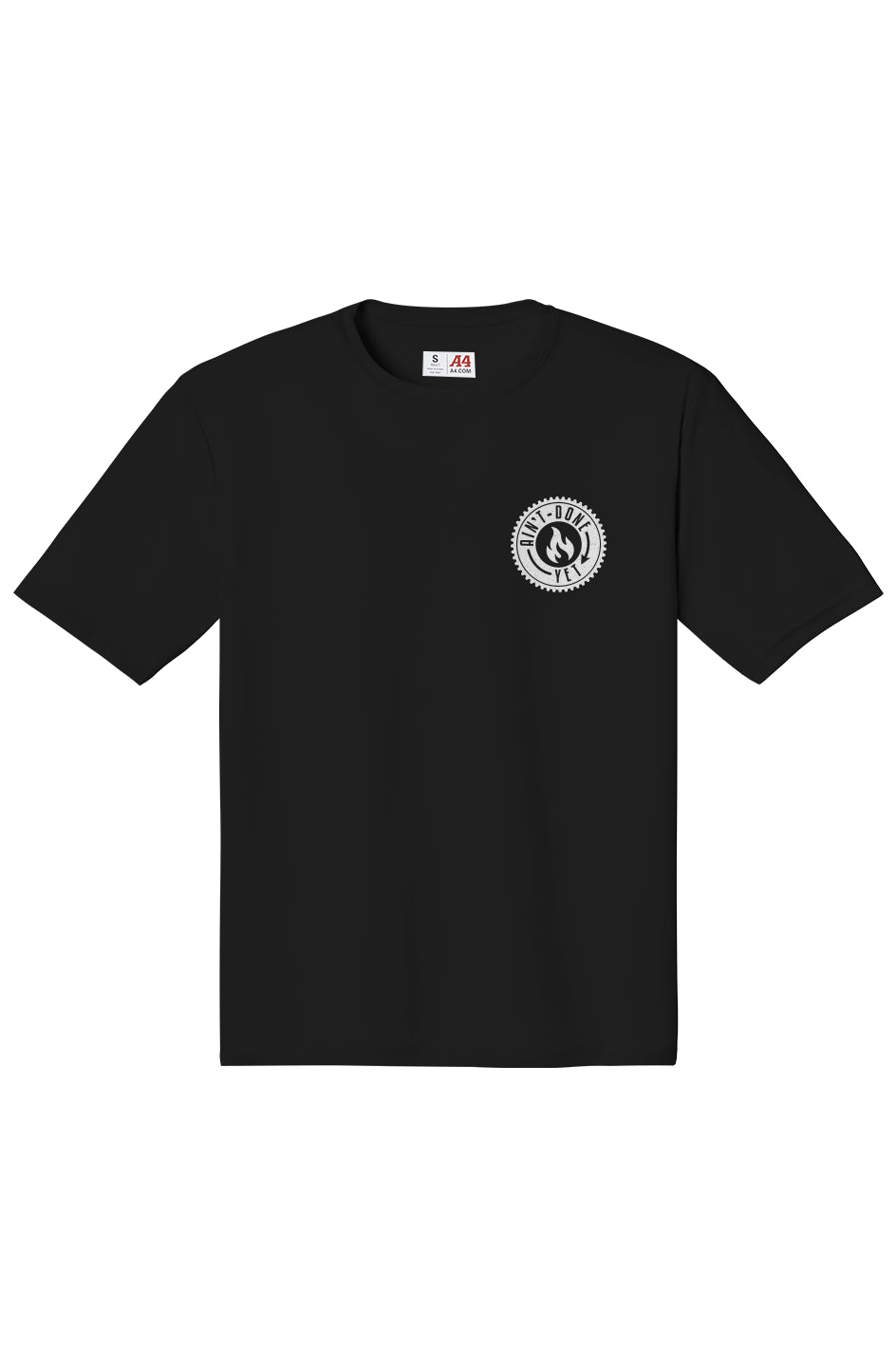 Black Certified Performance Tee with Ain’t Done Yet stamp logo on lightweight performance athletic shirt
