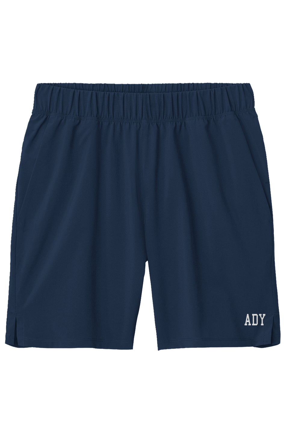 Navy Flex Shorts with 7-inch inseam and small ADY logo on lightweight performance training shorts
