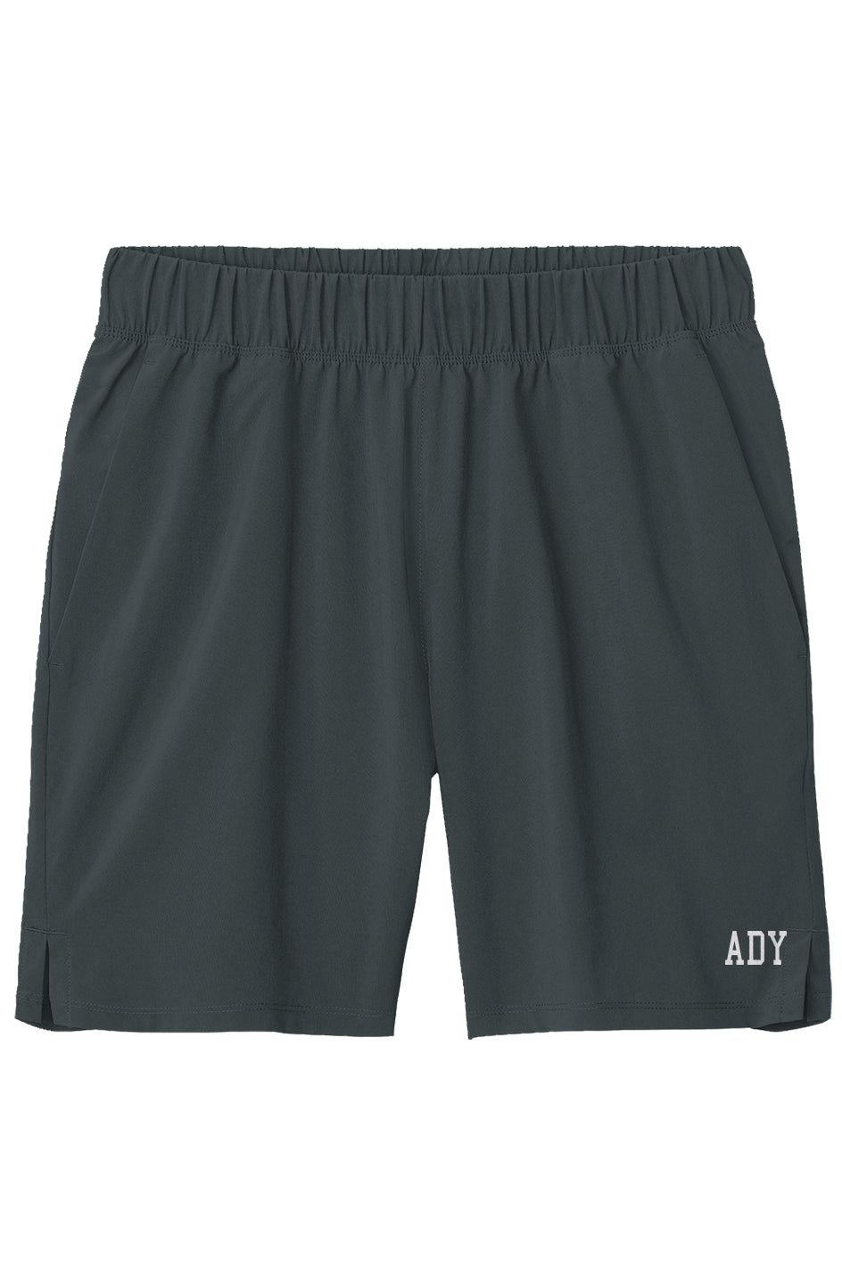 Grey Flex Shorts with 7-inch inseam and small ADY logo on lightweight performance training shorts