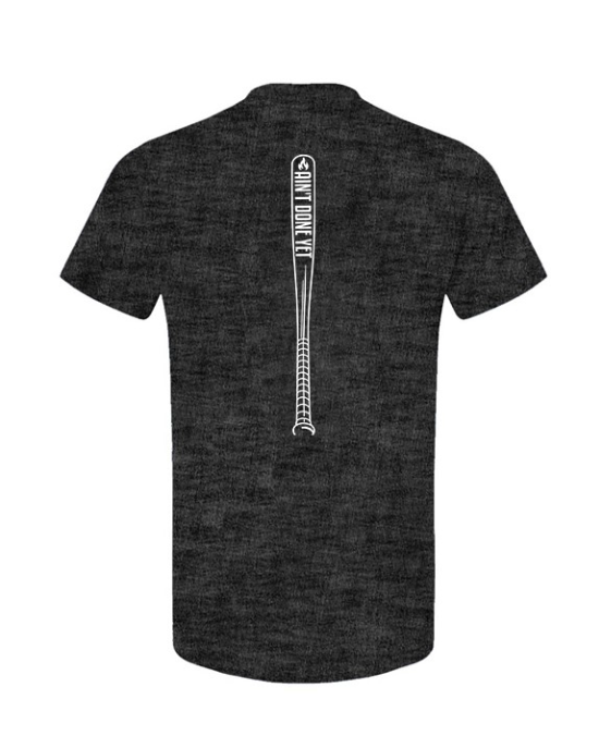 On Deck Tee featuring a home plate graphic on the front and a vertical baseball bat with Ain’t Done Yet branding on the back

