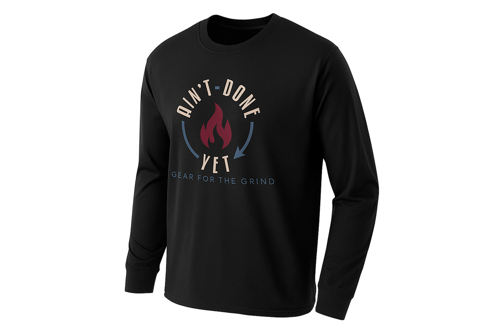 Black long-sleeve shirt with graphic design and text on a white background