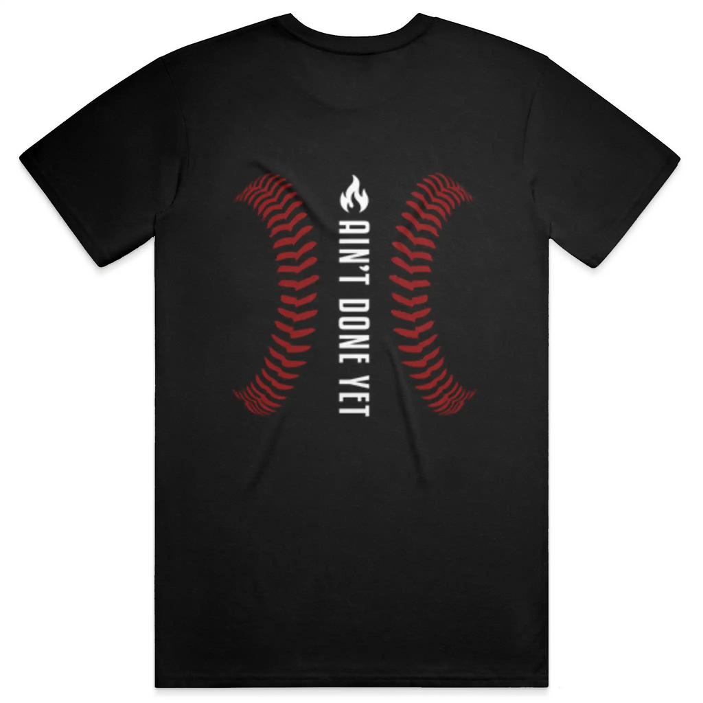 Middle Middle Tee with home plate graphic on front and baseball seam design with Ain’t Done Yet branding on back
