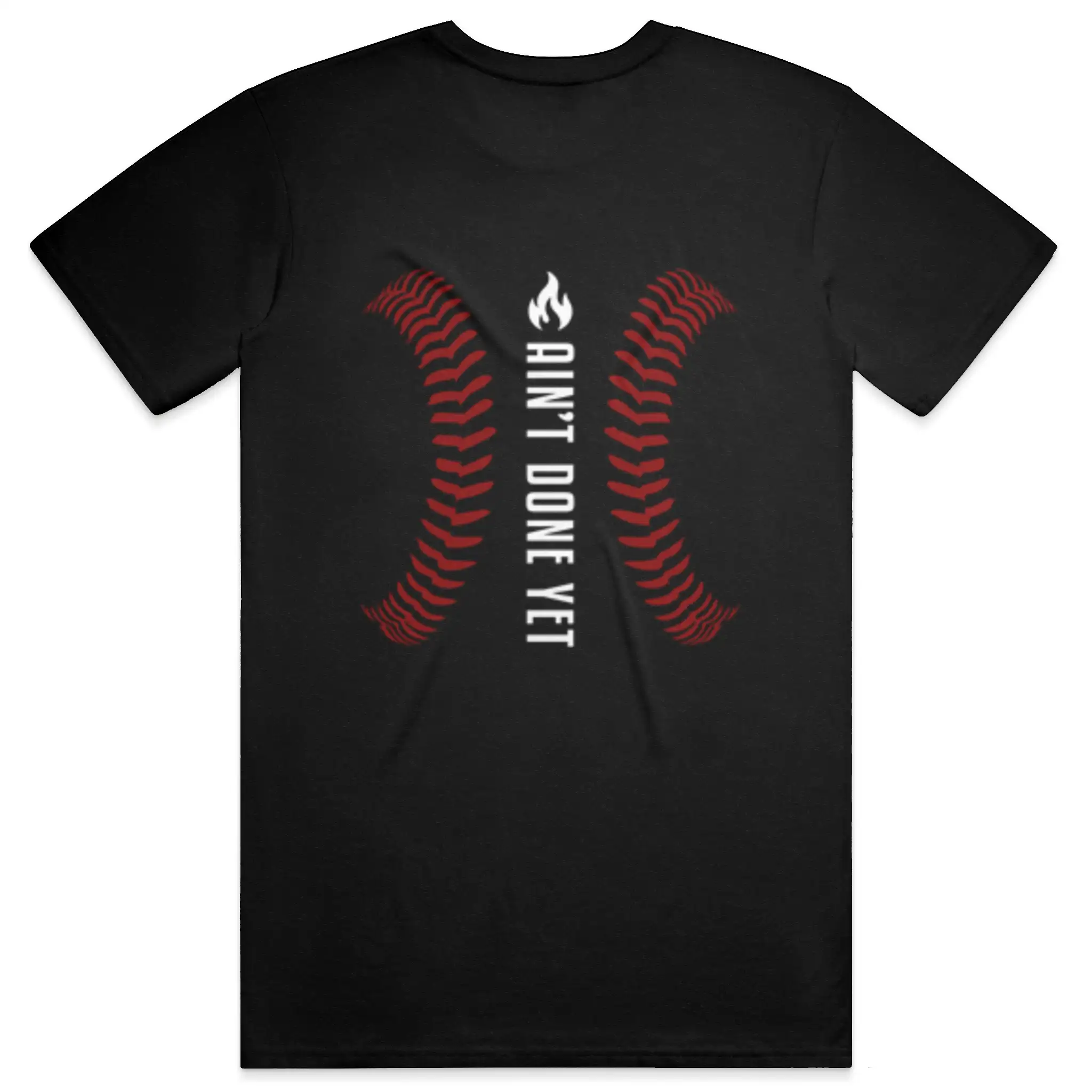 Middle Middle Tee with home plate graphic on front and baseball seam design with Ain’t Done Yet branding on back

