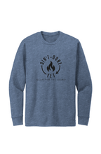 Blue long-sleeve shirt with black graphic and text on a white background