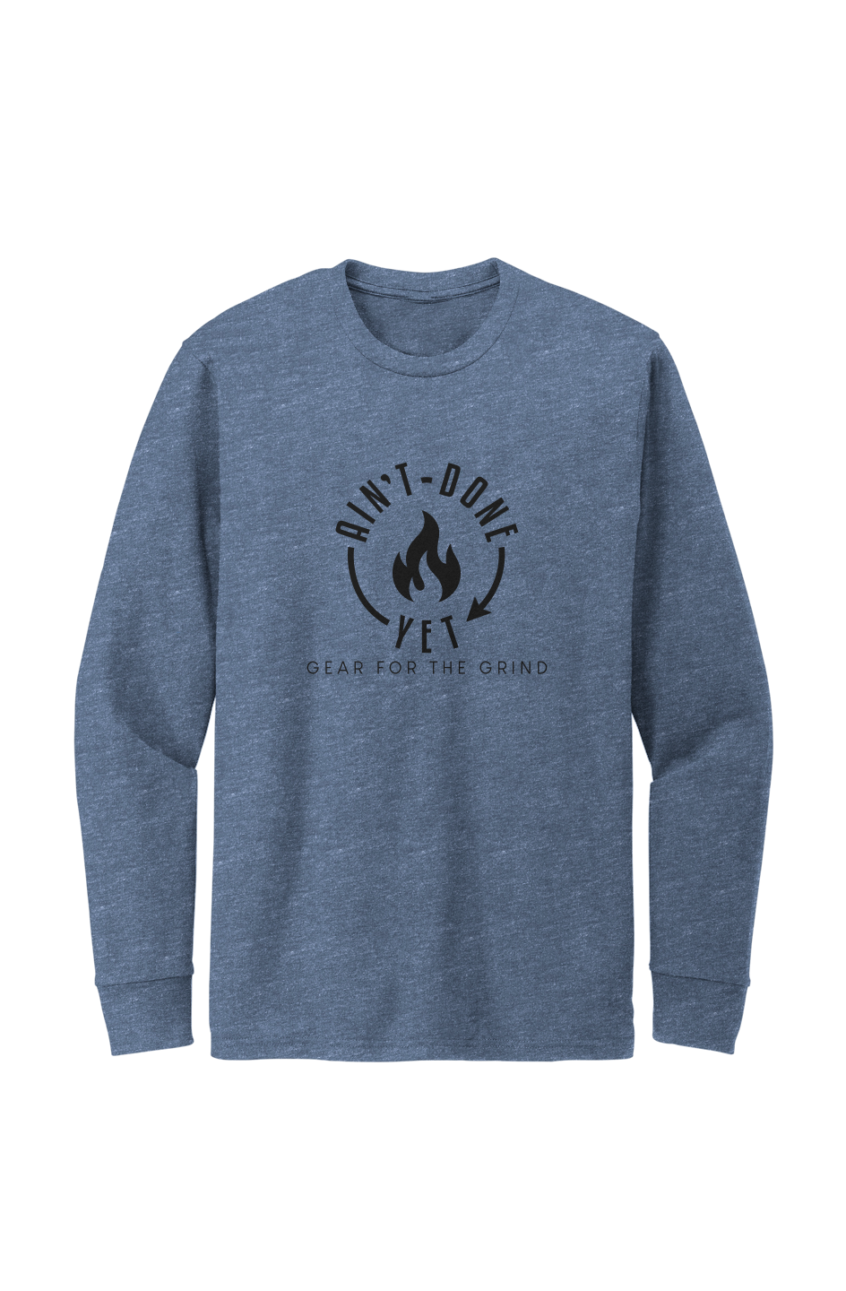 Blue long-sleeve shirt with black graphic and text on a white background