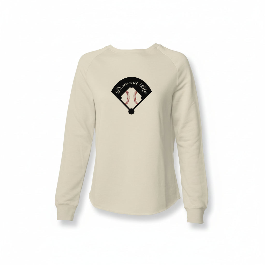 Womens lightweight sweatshirt featuring the Diamond Life baseball fan design in bone color
