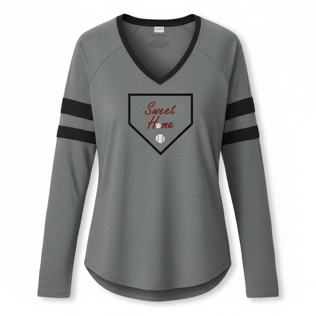 Womens raglan V neck tee with baseball inspired Home Sweet Home design
