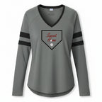 Womens raglan V neck tee with baseball inspired Home Sweet Home design
