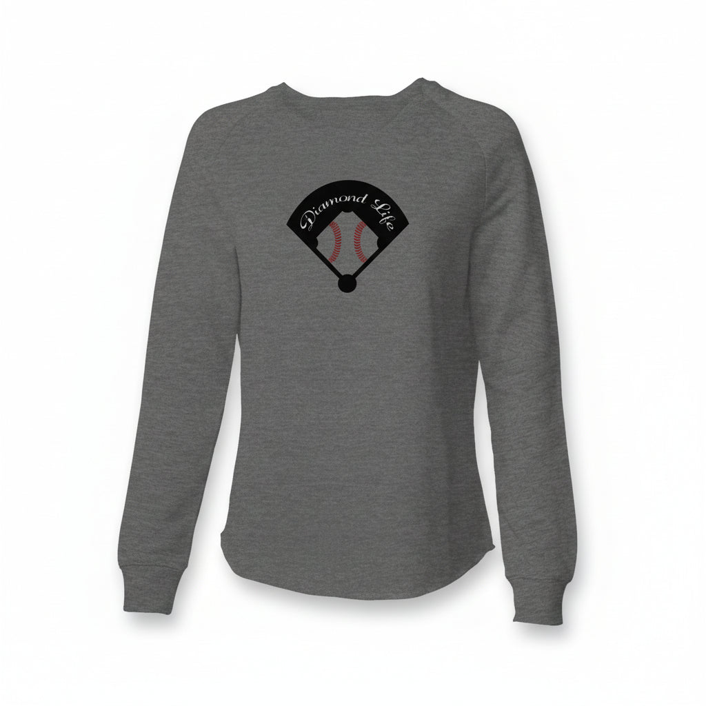 Womens lightweight sweatshirt featuring the Diamond Life baseball fan design in charcoal color