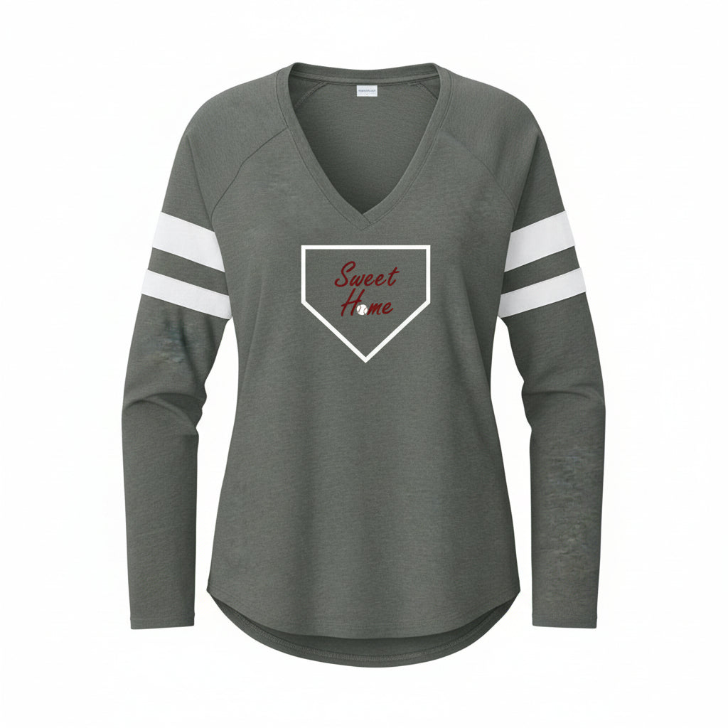 Womens raglan V neck tee with baseball inspired Home Sweet Home design
