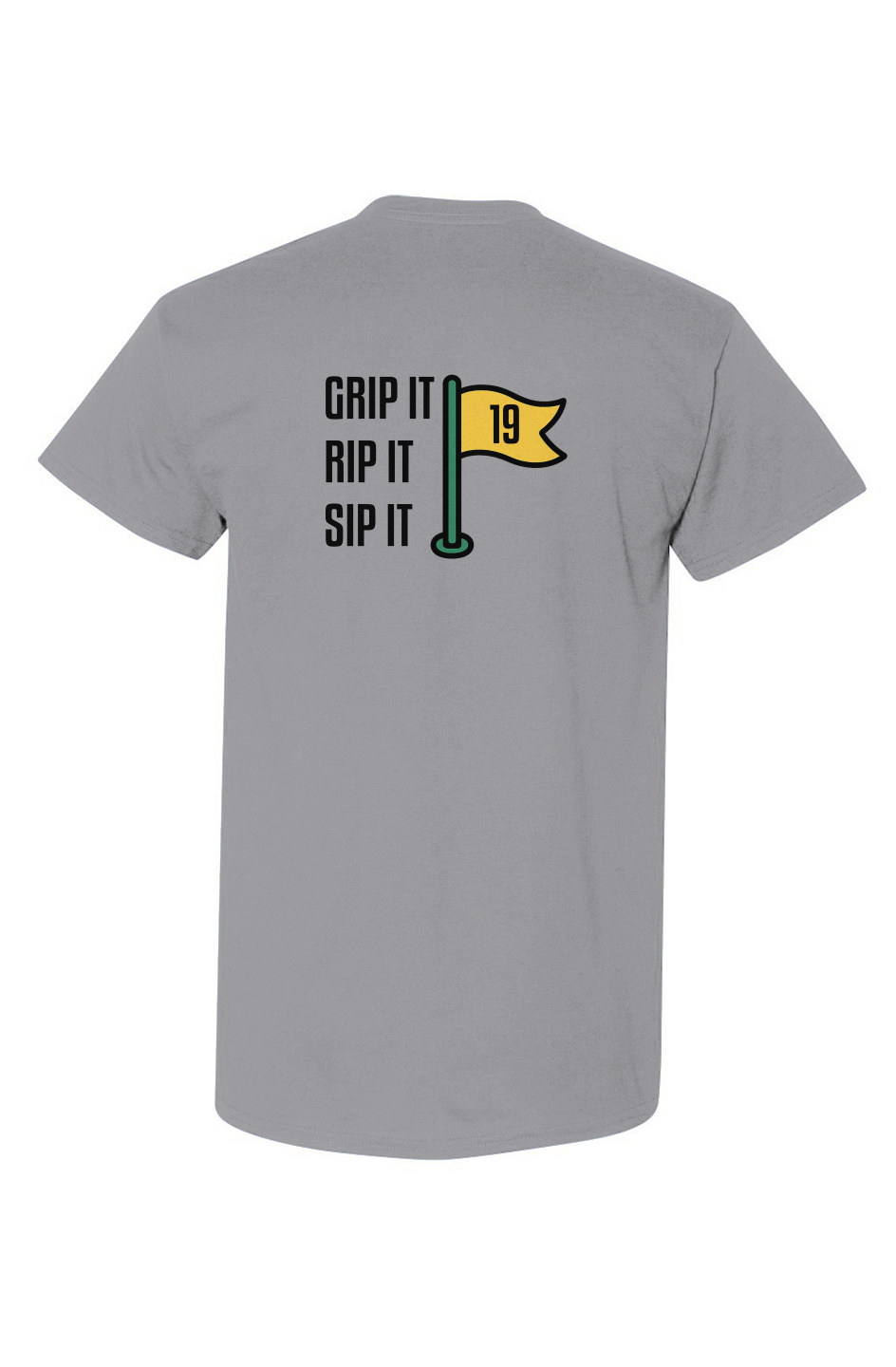 Sand colored Grip Rip Sip Tee with Ain’t Done Yet golf logo on chest and Grip It Rip It Sip It flag graphic on back

