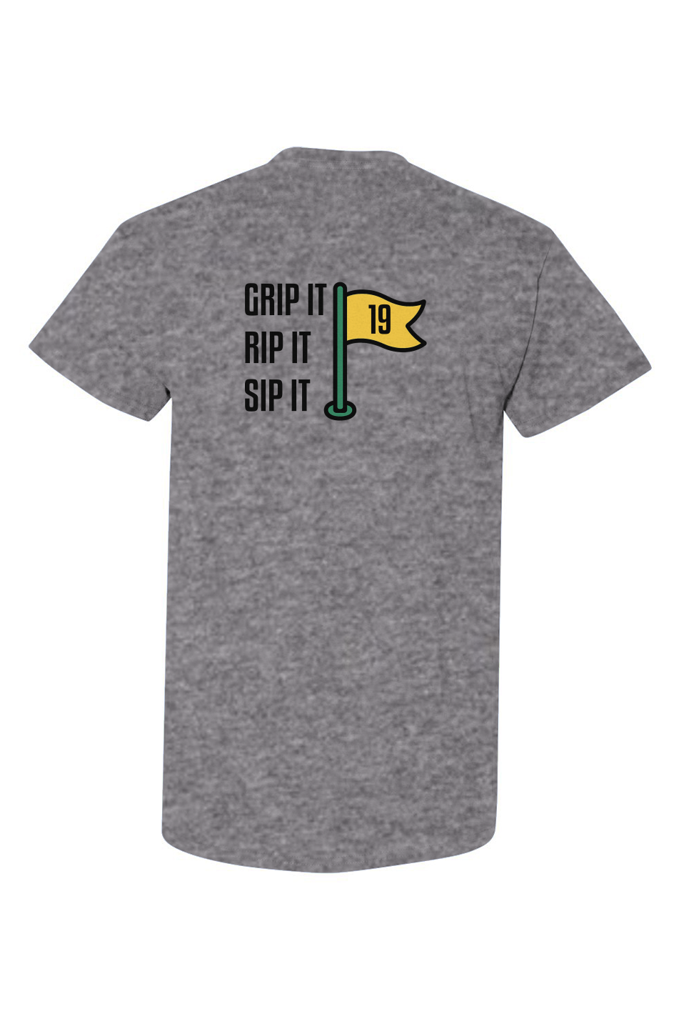 Sand colored Grip Rip Sip Tee with Ain’t Done Yet golf logo on chest and Grip It Rip It Sip It flag graphic on back
