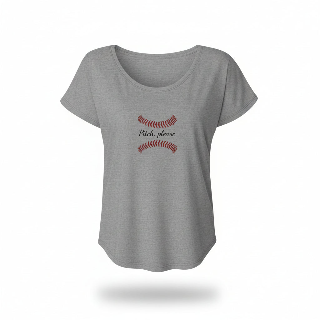Womens gray dolman tee featuring Pitch, Please baseball novelty design with stitched graphic
