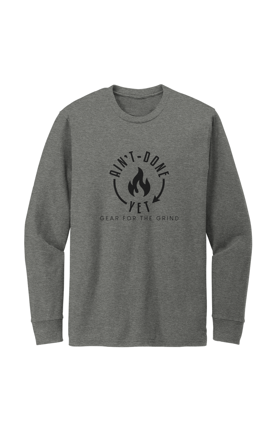 Gray long-sleeve shirt with black graphic and text on a white background