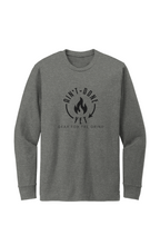 Gray long-sleeve shirt with black graphic and text on a white background