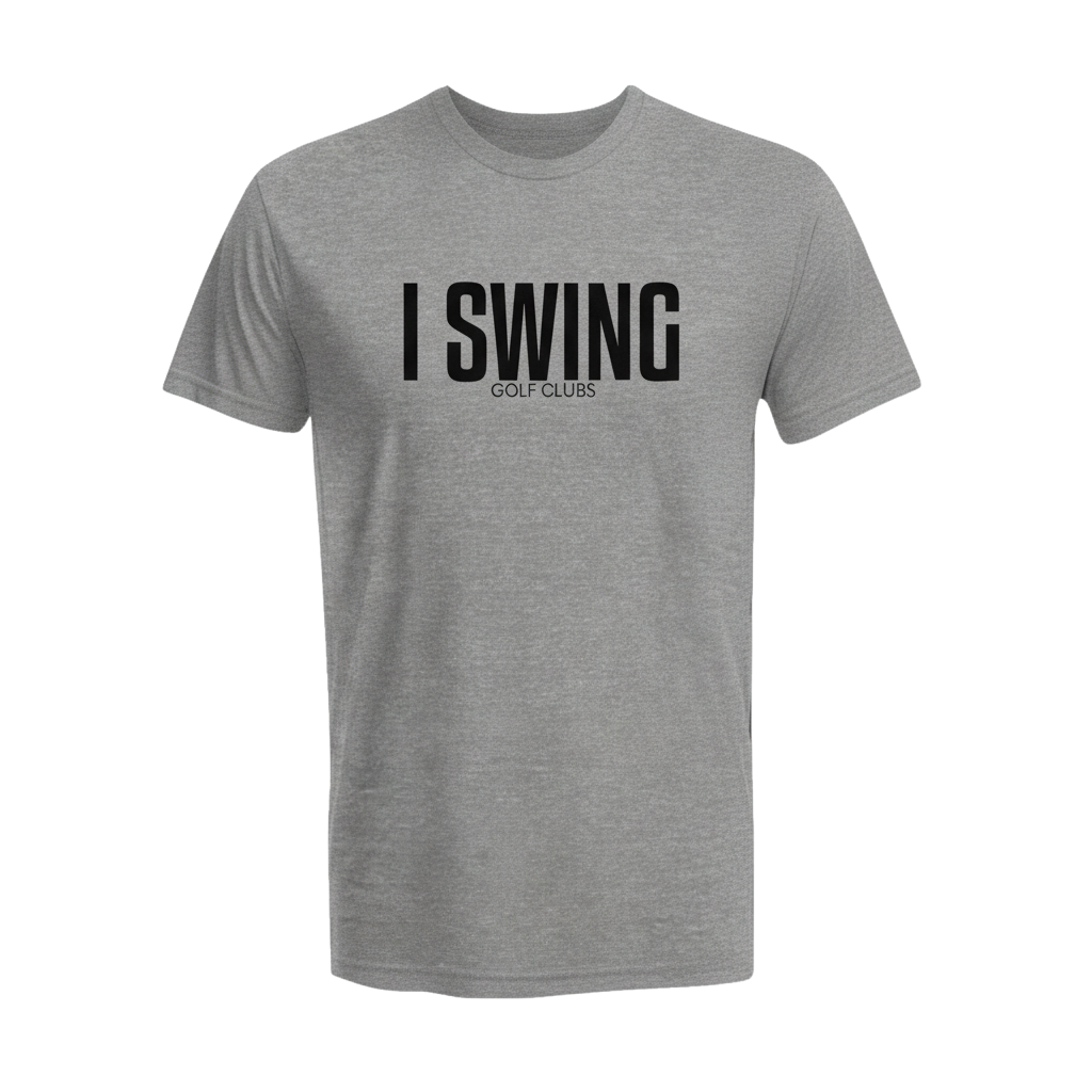 Grey golf tee featuring I SWING text with GOLF CLUBS subtitle in a clean, minimalist design
