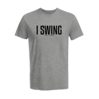 Grey golf tee featuring I SWING text with GOLF CLUBS subtitle in a clean, minimalist design
