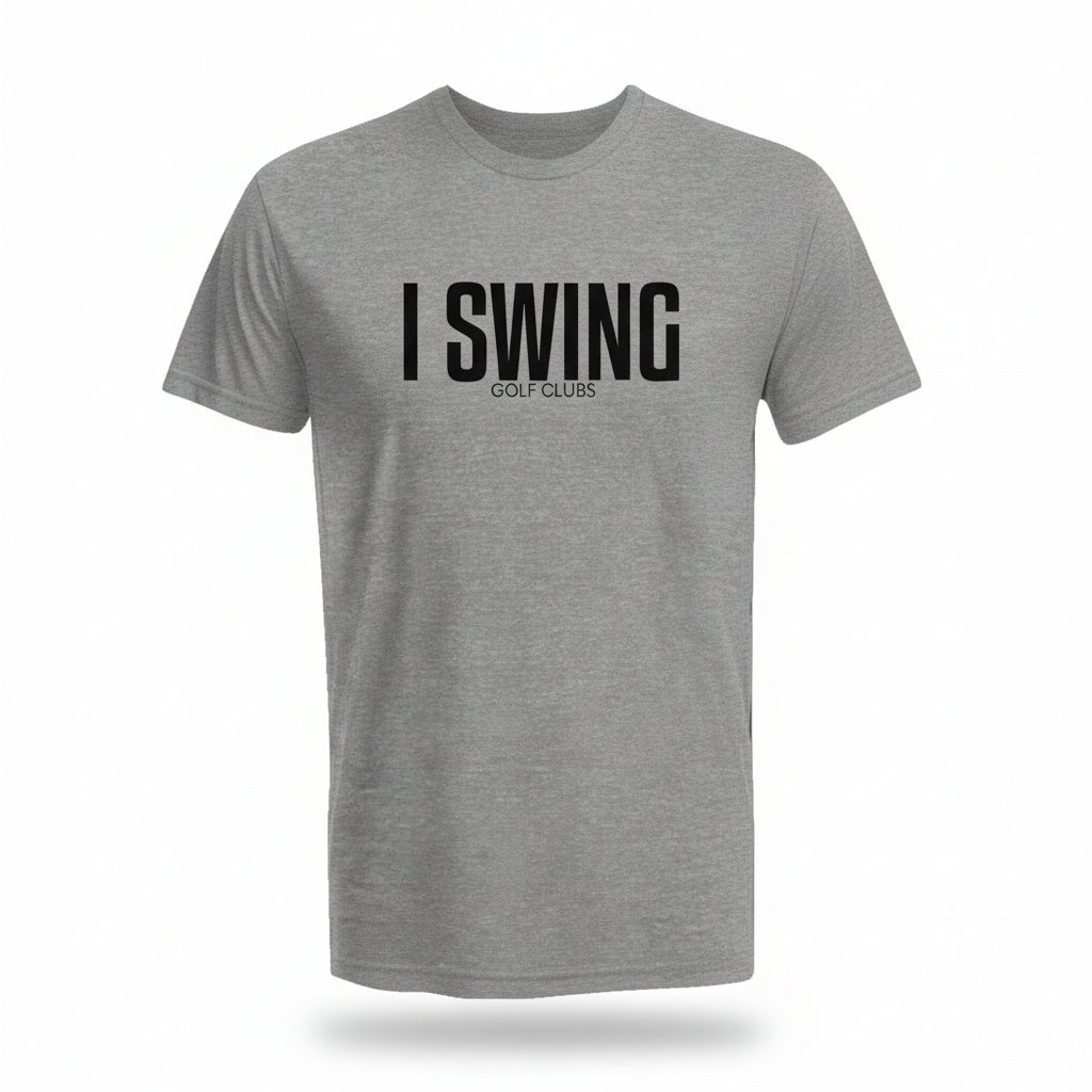 Grey golf tee featuring I SWING text with GOLF CLUBS subtitle in a clean, minimalist design
