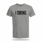 Grey golf tee featuring I SWING text with GOLF CLUBS subtitle in a clean, minimalist design
