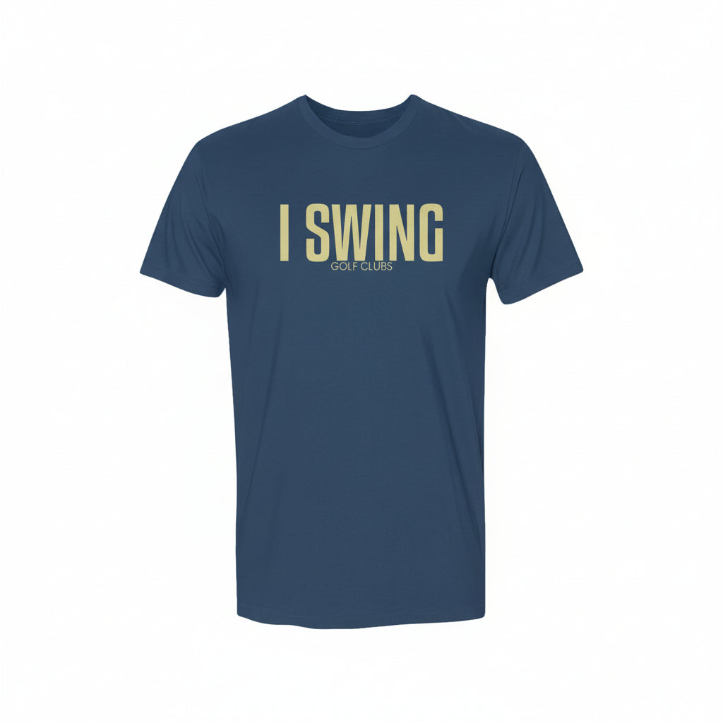 Blue golf tee featuring I SWING text with GOLF CLUBS subtitle in a clean, minimalist design
