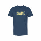 Blue golf tee featuring I SWING text with GOLF CLUBS subtitle in a clean, minimalist design

