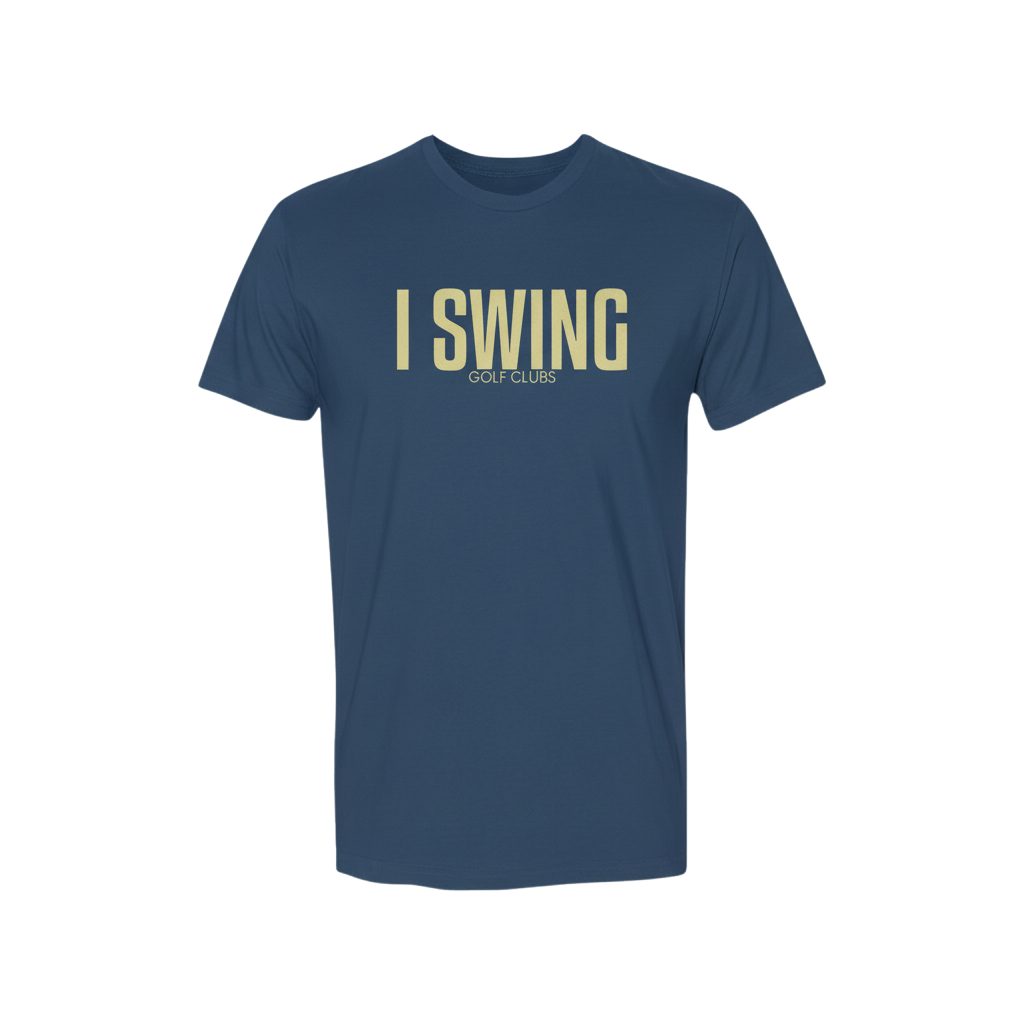 Blue golf tee featuring I SWING text with GOLF CLUBS subtitle in a clean, minimalist design
