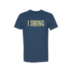 Blue golf tee featuring I SWING text with GOLF CLUBS subtitle in a clean, minimalist design
