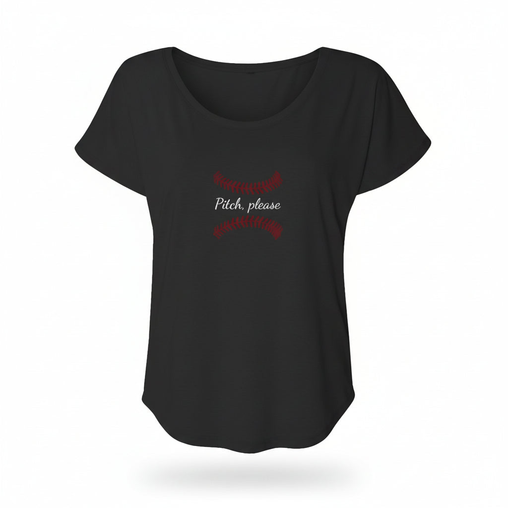 Womens gray dolman tee featuring Pitch, Please baseball novelty design with stitched graphic
