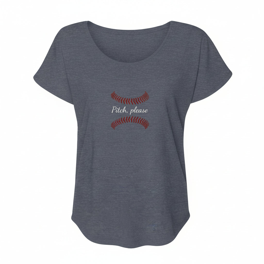 Womens gray dolman tee featuring Pitch, Please baseball novelty design with stitched graphic
