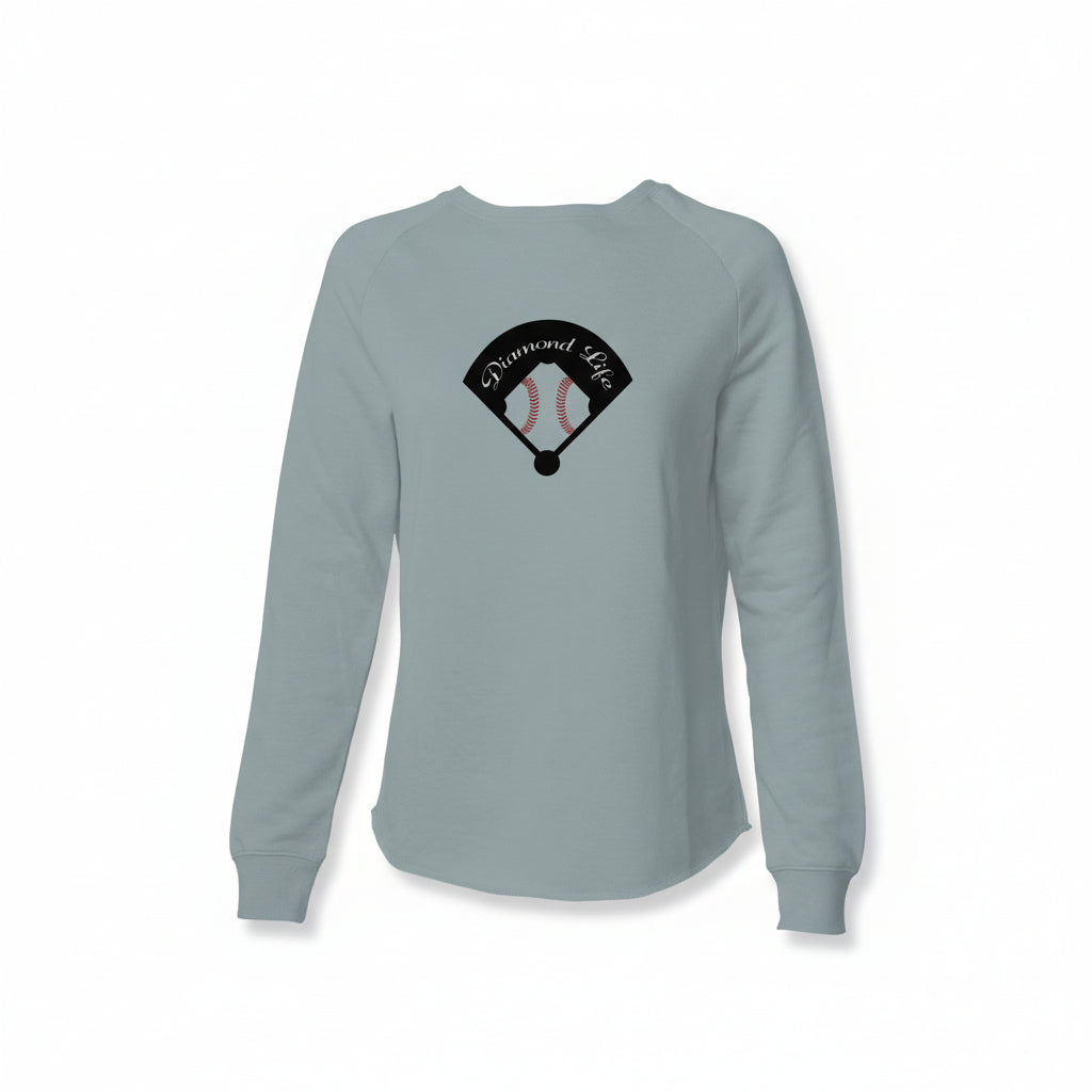Womens lightweight sweatshirt featuring the Diamond Life baseball fan design in sage color
