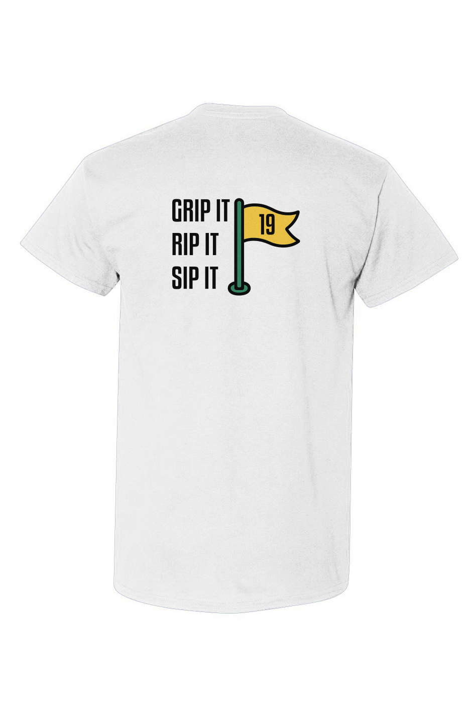Sand colored Grip Rip Sip Tee with Ain’t Done Yet golf logo on chest and Grip It Rip It Sip It flag graphic on back
