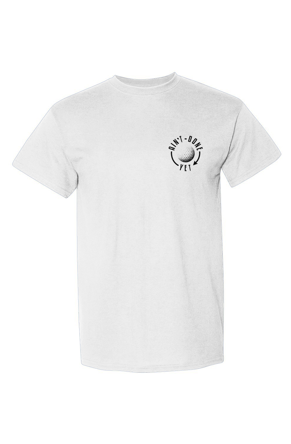 Sand colored Grip Rip Sip Tee with Ain’t Done Yet golf logo on chest and Grip It Rip It Sip It flag graphic on back
