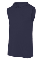 Navy Backbone Sleeveless Hoodie with vertical Ain’t Done Yet spine design and fire logo on lightweight performance hoodie