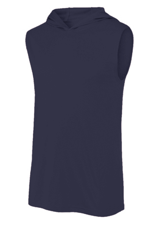 Navy Backbone Sleeveless Hoodie with vertical Ain’t Done Yet spine design and fire logo on lightweight performance hoodie