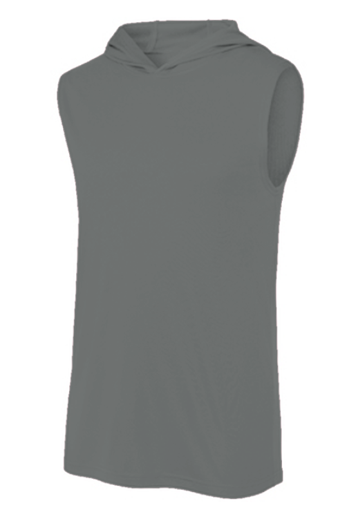 Grey Backbone Sleeveless Hoodie with vertical Ain’t Done Yet spine design and fire logo on lightweight performance hoodie